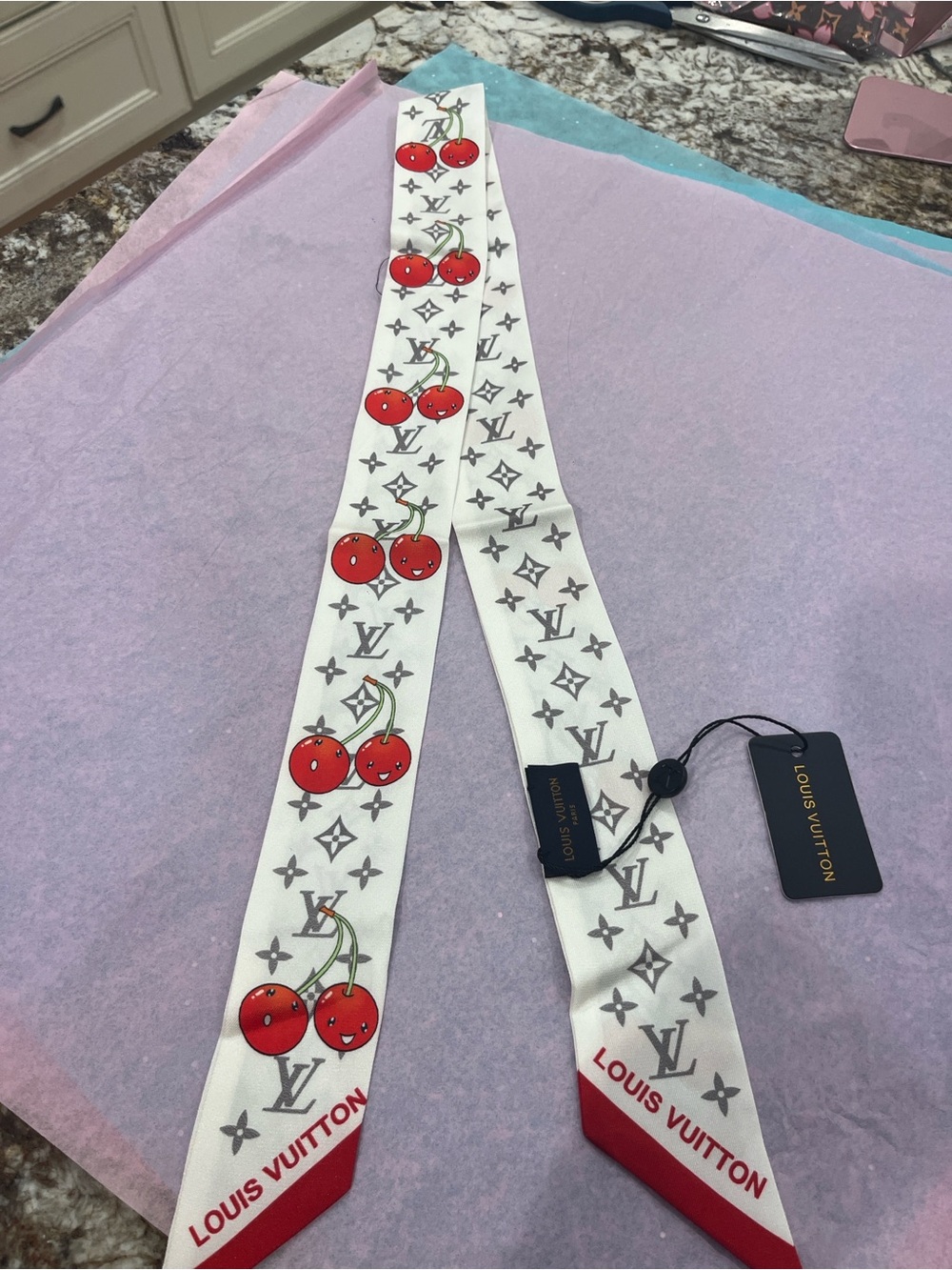 Louis Vuitton White Cherry Monogram Silk Bandeau Scarf